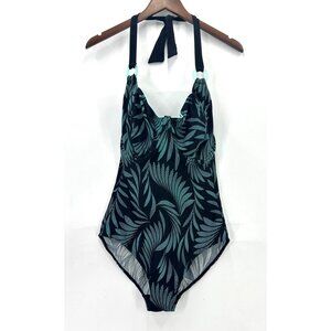 Pour Moi Swimsuit Womens One Piece Underwire Tropical Mesh Halter Green 36G